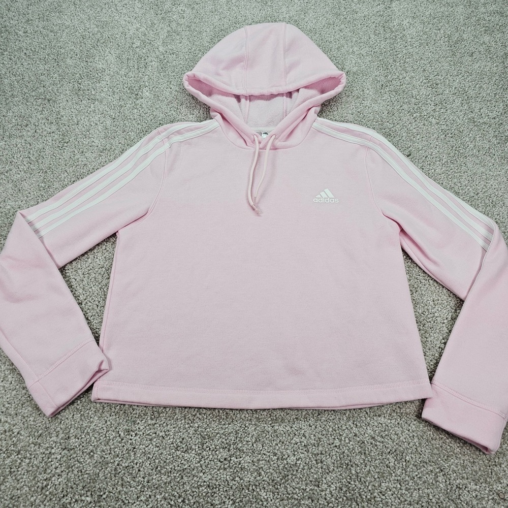 Adidas Pink Cropped Hoodie Athletic 3 Stripe Logo Primegreen Women's Size S